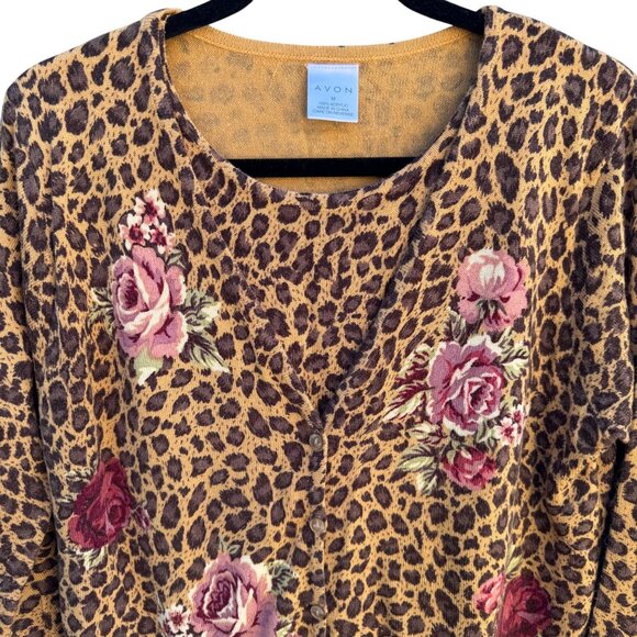 Avon Vintage Womens Leopard Print Rose Floral Knit One Piece Cardigan Sweater M - Picture 3 of 9